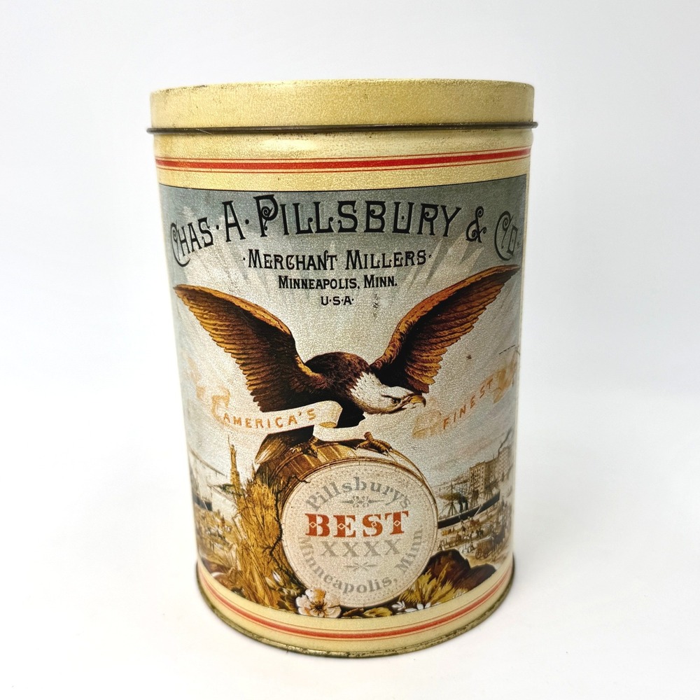 Vintage Pillsbury Best XXXX Flour Tin Minneapolis Merchant Millers Eagle 1982